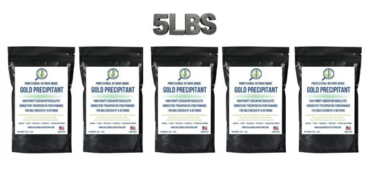 Front view of a 5-pound Gold Precipitation Kit with five labeled black bags on a white background