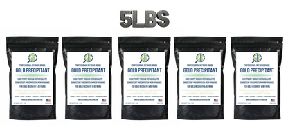 Front view of Gold Precipitation Kit showcasing five black sodium metabisulfite bags marked 5LBS on white background