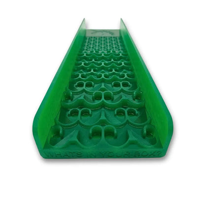 Front view of 4X16 Adventure Gold Sluice Box showcasing green Dream Mat riffles on a white background