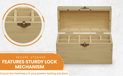 Open wooden storage box for a gold, silver, and platinum testing kit showcasing compartments and sturdy lock mechanism