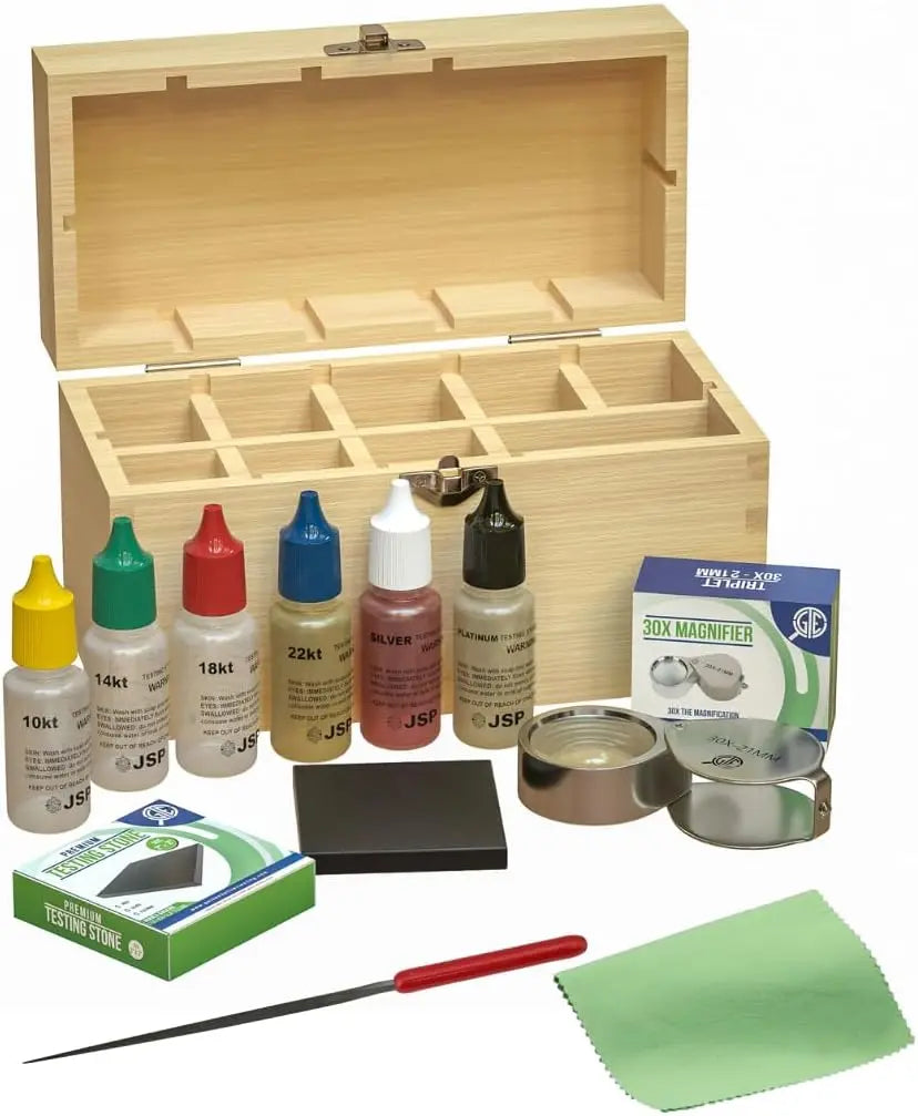 GTE Precious Metal Jewelry Testing Kit Gold Silver Platinum Test Acids Wooden Box 30X Eye Loupe 10K 14K 18K 24K Needle File Cloth Acid GOLD TESTING EQUIPMENT