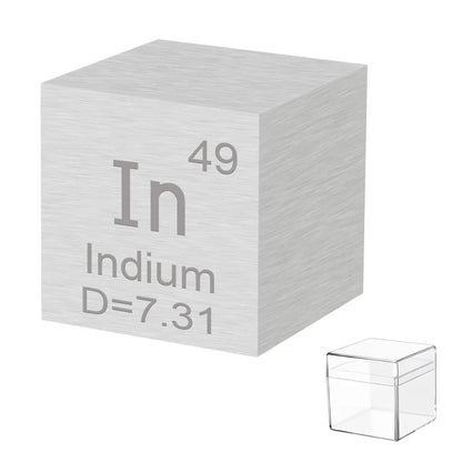 Front view of an Indium metal density cube labeled In, 49, and density 7.31 with a clear case on white background