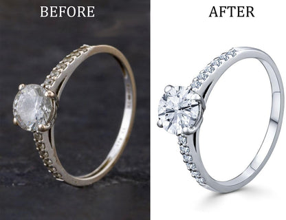 Before and after comparison showing a tarnished ring restored to a bright polished finish