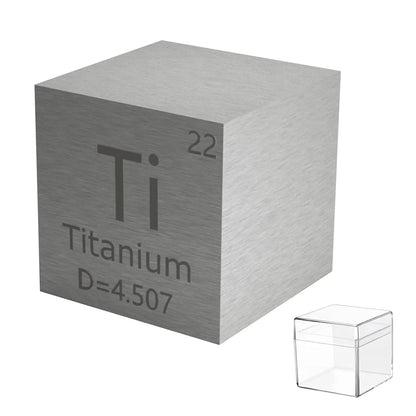 Three-quarter view of a titanium cube showcasing Ti, atomic number 22, and density 4.507 with a clear display case