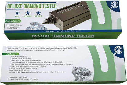 Front view of Deluxe Diamond Tester packaging showcasing a handheld electronic tester with white background