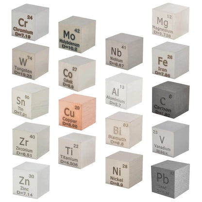 Front view of titanium cube labeled Ti and D=4.506 among elemental density cubes on a white background