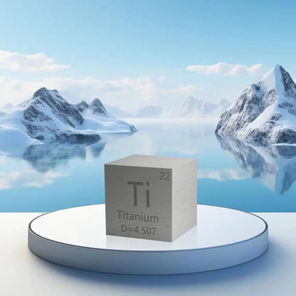 Front view of a 10 mm titanium density cube showcasing element markings on a display stand with snowy mountains behind