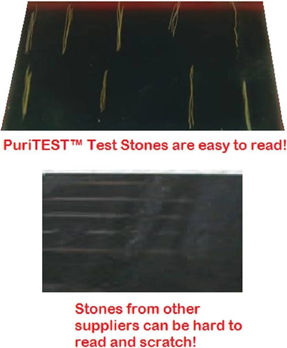 Comparison showing PuriTEST test stones are easy to read while other suppliers’ stones can be hard to read and scratch