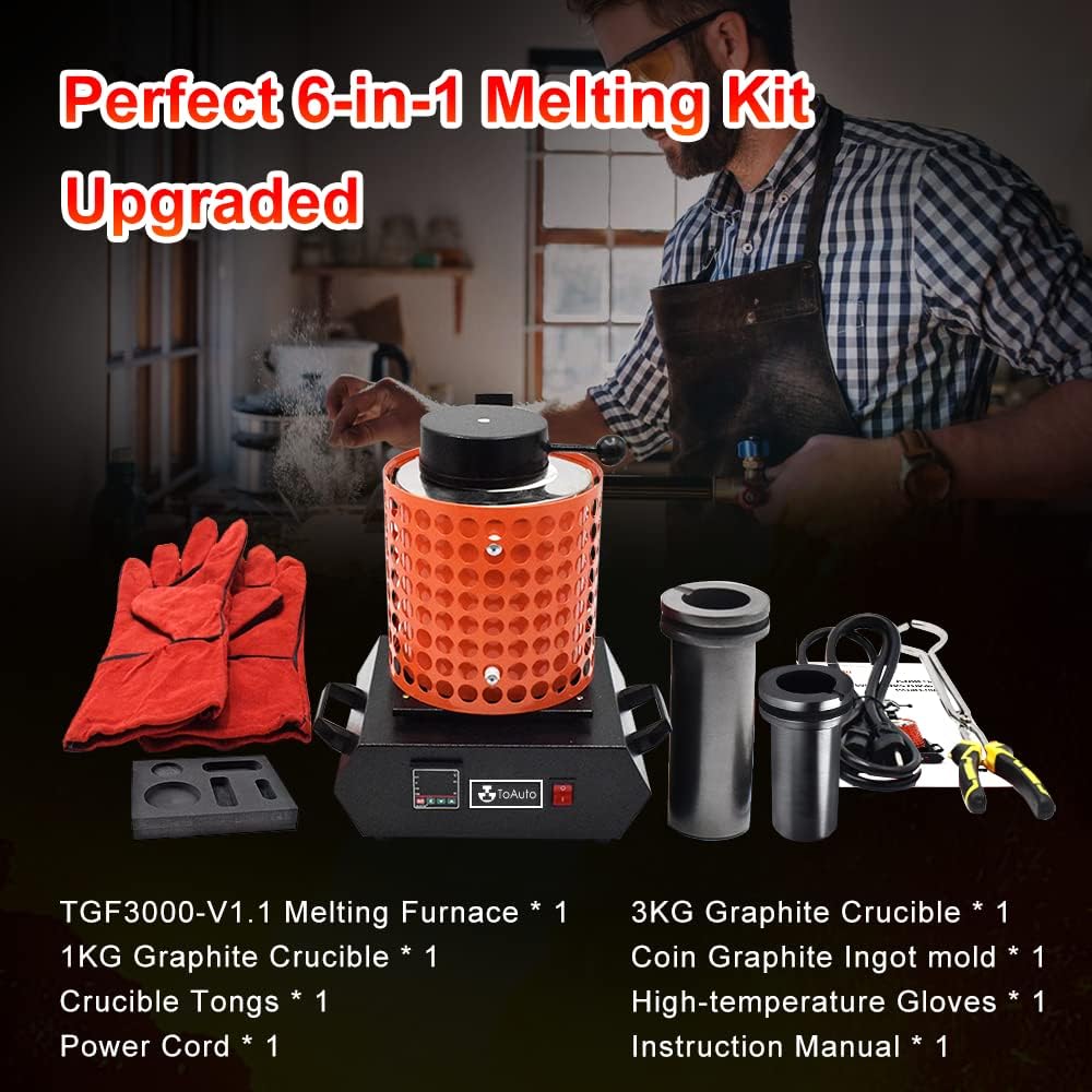 GTE TGF3000-V1.1 Gold Melting Furnace – 1+3 KG Electric Digital Smelting Kiln Kit, 1400W 2100°F for Gold Silver Copper Aluminum (110V)