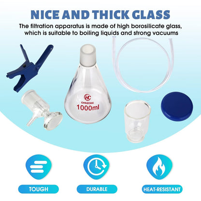 Infographic showing thick borosilicate glass filtration apparatus for boiling liquids and strong vacuums