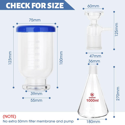 Vacuum filtration apparatus for gold, silver and copper refining showing dimensions and a 1000ml flask
