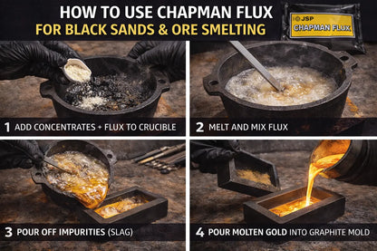 Instructional collage showing four steps for using Chapman Flux to smelt black sands and ore