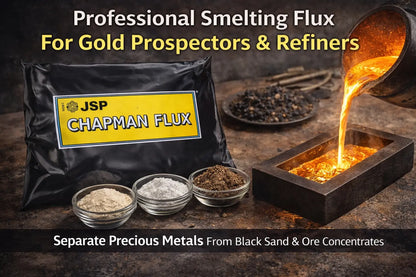 Front view of Chapman Flux showcasing professional smelting flux for gold prospectors and refiners with molten metal and ore