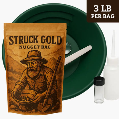 Front view of Paydirt and Starter Kit Combo 3lb showing Struck Gold bag, green pan, scoop, vial, bottle, and 3 lb per bag