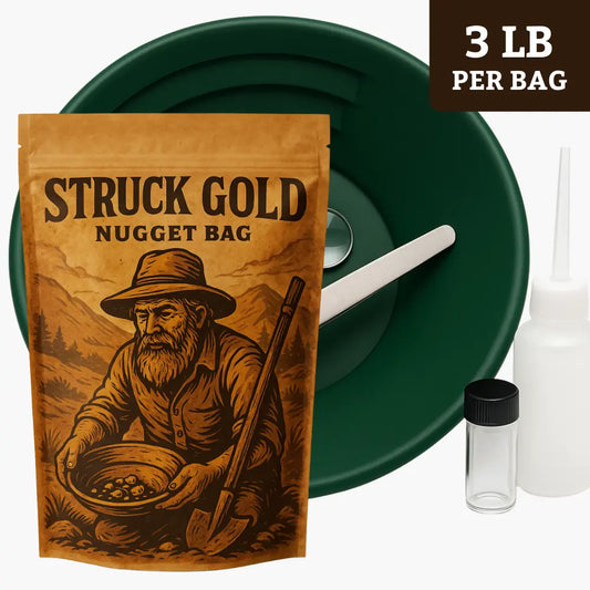 Front view of Paydirt and Starter Kit Combo 3lb showing Struck Gold bag, green pan, scoop, vial, bottle, and 3 lb per bag