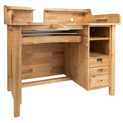 Front view of Stone Setters Workbench, Professional Series, Hardwood showcasing raised back, drawers, and open shelving