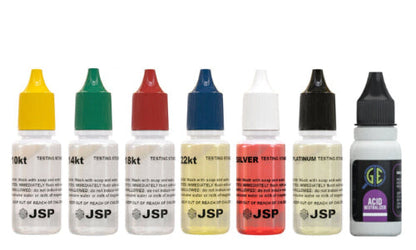 Front view of seven-bottle precious metal testing kit with 10K, 14K, 18K, 22K, silver, platinum, and neutralizer solutions