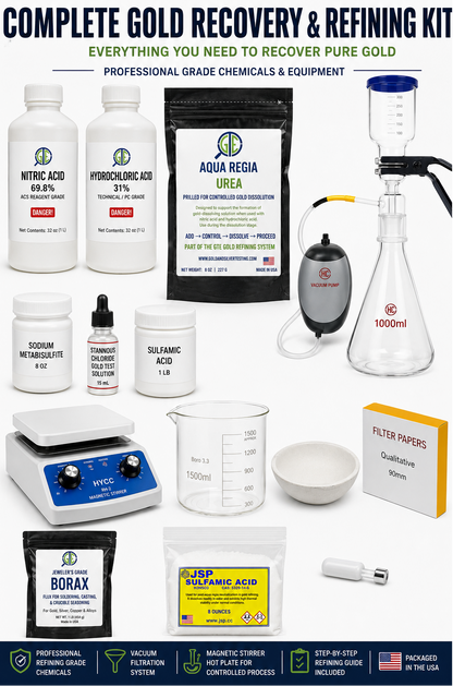 A complete gold recovery kit with chemicals, glassware, vacuum filtration, and a magnetic stirrer.