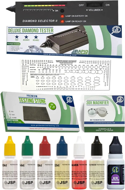 Front view of diamond and precious metal testing kit showcasing tester, testing stone, chart, magnifier, and test bottles