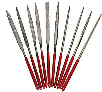 Close-up of GTE jewelry testing and appraisal kit showcasing red-handled metal files on a white background