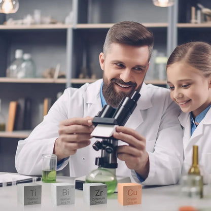 Scientists examine a microscope beside titanium and other labeled metal density cubes in a laboratory