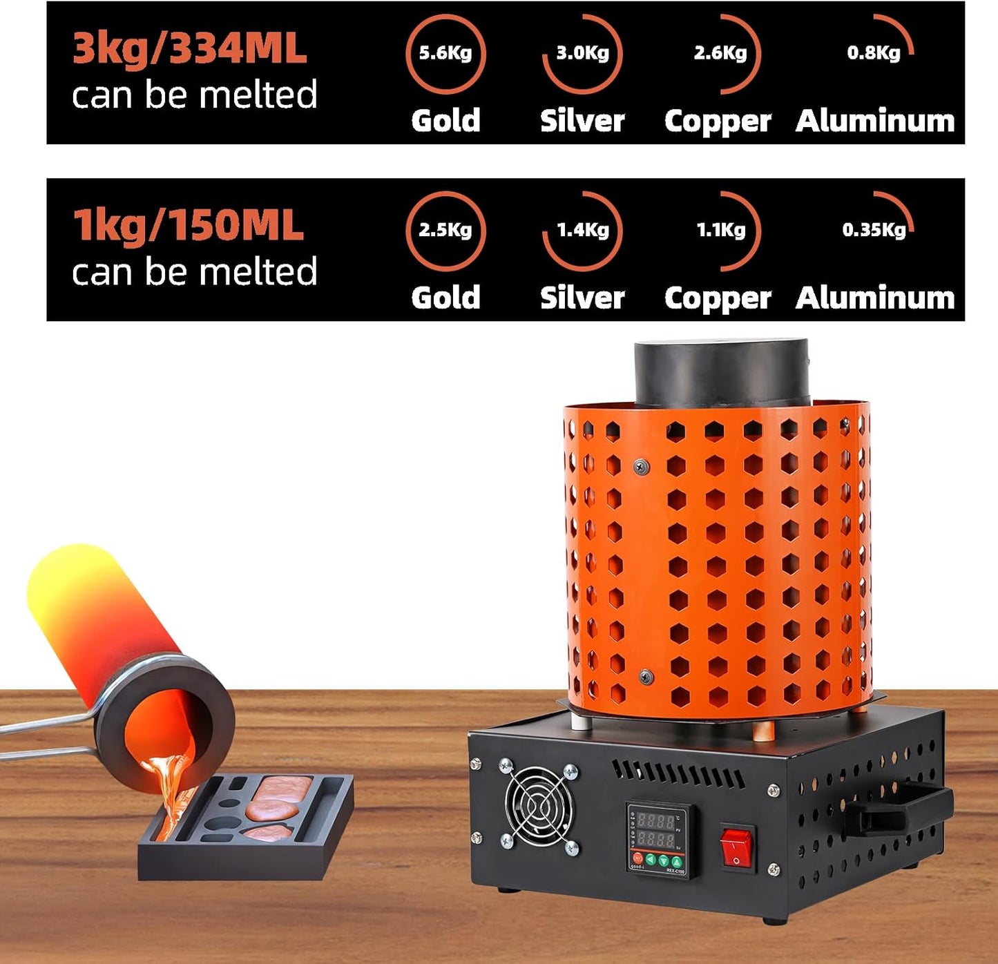 GTE Gold Melting Furnace – 1+3 KG Electric Digital Smelting Kiln Kit, 1800W 2100°F for Gold Silver Copper Aluminum (110V) - GOLD TESTING EQUIPMENT