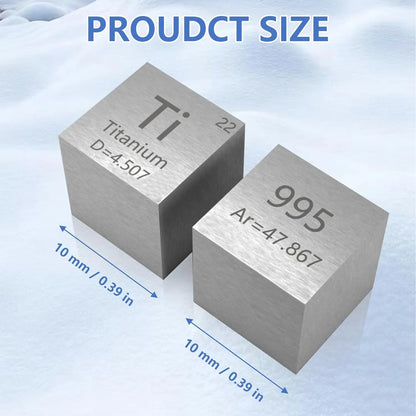 Angled view of titanium density cubes showcasing 10 mm (0.39 in) measurement markings on a light background