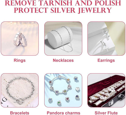 Remove tarnish, polish, and protect silver jewelry: rings, necklaces, earrings, bracelets, Pandora charms, and silver flute