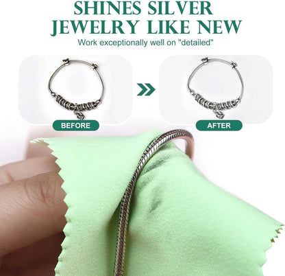 Silver bracelet polished with a green cloth in a before and after comparison showing Shines silver jewelry like new
