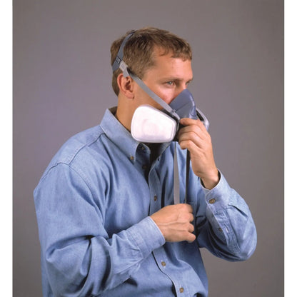 Side view of blue 3M 7500 Series Half Face Reusable Respirator showcasing white filter cartridges on a person
