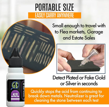 Portable acid test neutralizer solution bottle for cleaning testing stones and detecting plated or fake gold or silver