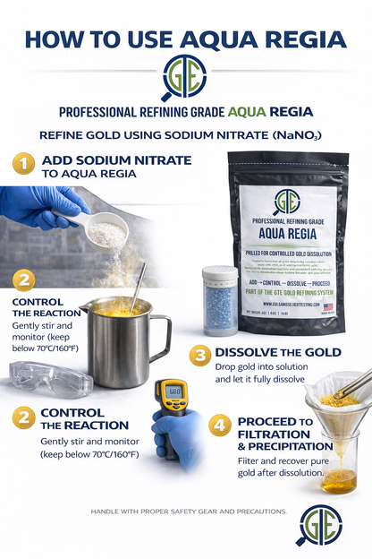 Instructional infographic showing how to use aqua regia to dissolve gold and filter and precipitate it