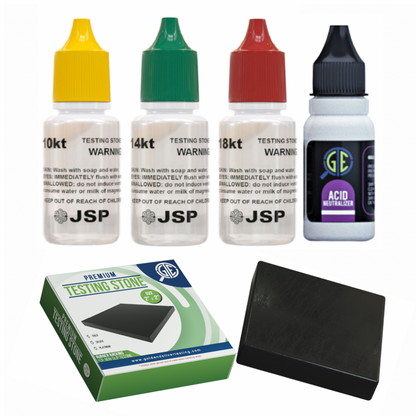 Front view of gold testing kit with 10K, 14K and 18K solutions, acid neutralizer and scratch stone on white background
