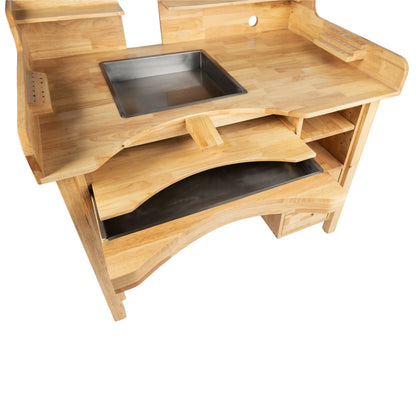 Three-quarter view of Stone Setters Workbench, Professional Series, Hardwood with stainless steel basin, drawers, and shelves