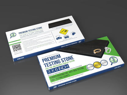 Angled view of Premium Testing Stone showcasing 3 by 6 inch size, rubber anti skid backing, and testing instructions