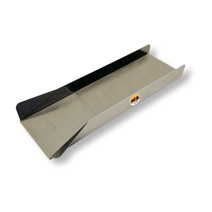Angled view of 10X35 sluice box showcasing raised side walls and black interior section on a white background