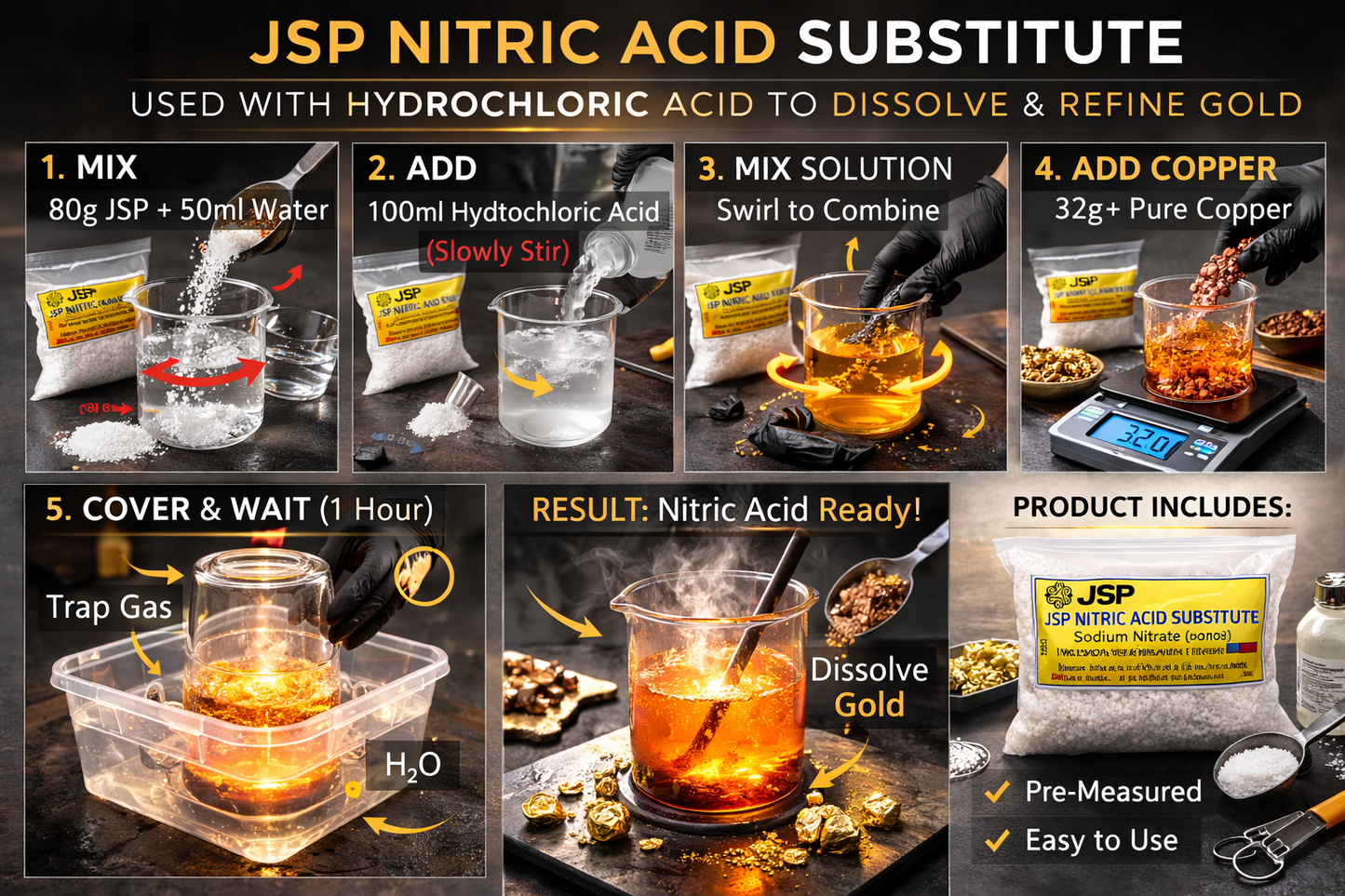 JSP Nitric Acid Substitute Sodium Nitrate for Gold Refining & Recovery - Reagent Grade (4 oz, 8 oz , & 16 oz bag)
