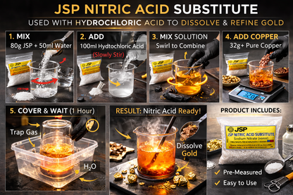JSP nitric acid substitute infographic showing steps to dissolve and refine gold with hydrochloric acid and copper