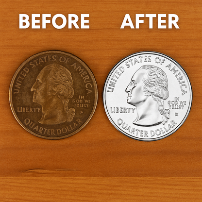 Before and after view of JSP Blu-Bow 2 oz coin conditioner cleaner showing a tarnished and brightened quarter on wood