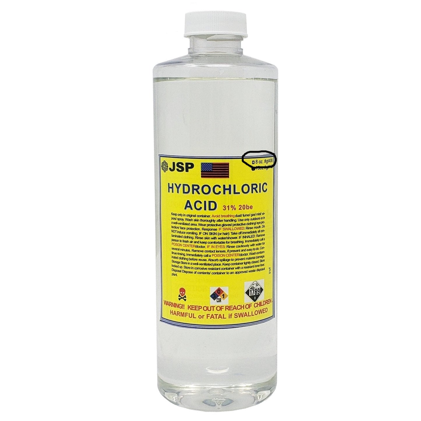 JSP Hydrochloric Acid 31% 8 Ounces / 1/2 Pound Gold Refining Aqua Regia