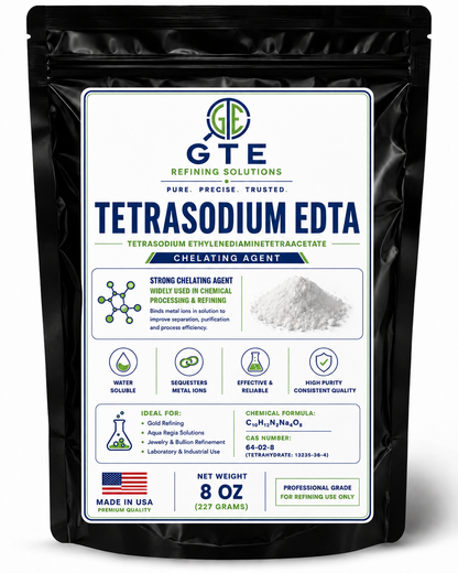 Black pouch of GTE Tetrasodium EDTA, 8 oz, a white crystalline chelating agent for gold refining.