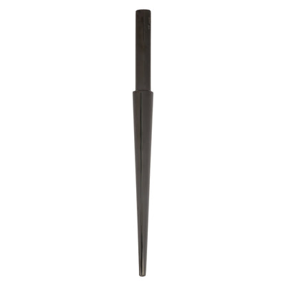 Vertical view of black oval forming mandrel with tapered body on white background