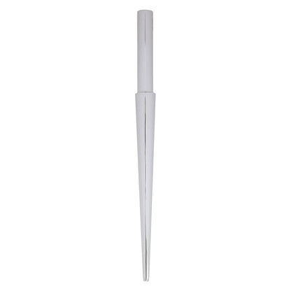 Full-length view of silver oval forming mandrel showcasing its tapered shape against a white background