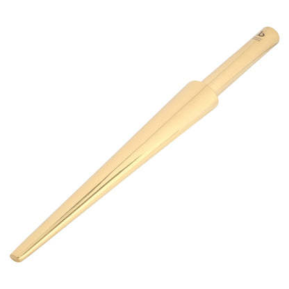 Angled view of gold oval forming mandrel showcasing its tapered shaping surface with a white background