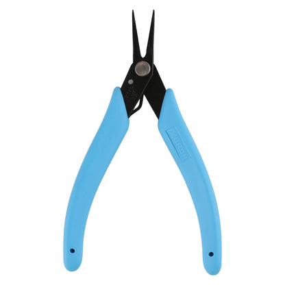 Front view of Xuron Narrow Tweezer Nose pliers showcasing ultra-narrow black tapered tips and blue handles with a white background