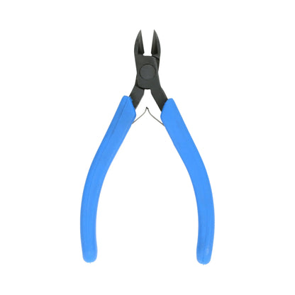 Front view of Standard Flush Cutters - Precision Series PL79 showcasing blue handles and black flush-cut jaws with a white background
