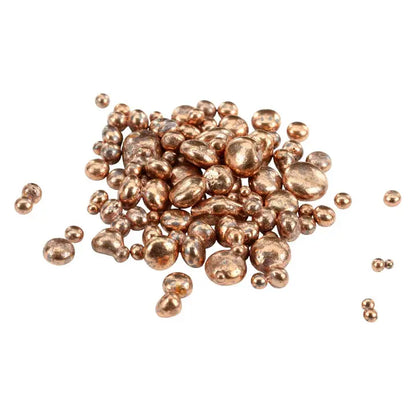 Close-up of copper powder showcasing varied copper granules on a white background