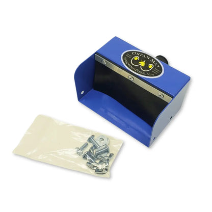 Angled view of 6-inch Header Box Kit showcasing a blue metal box, black interior panel, and included fasteners on a white background