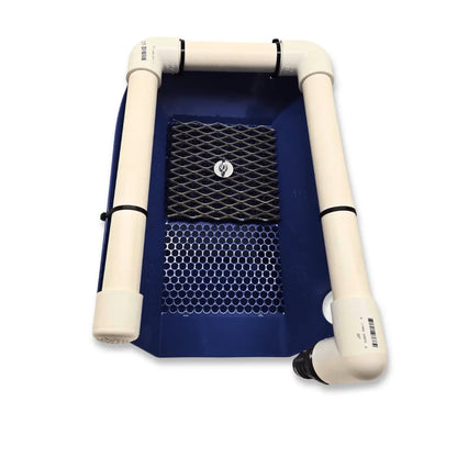Top view of 6X24 Highbanker Sluice Box with Dream Mat showing black riffle mats and white PVC rails on white background