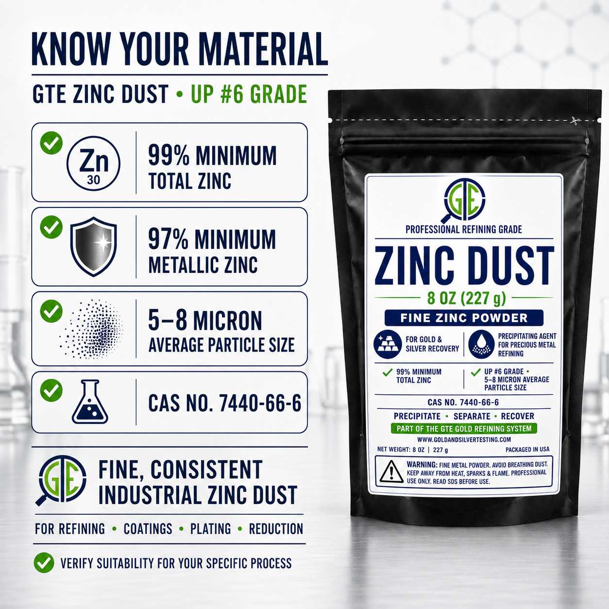 GTE Zinc Dust – UP #6 Fine Zinc Powder for Precious Metal Recovery, Refining, Plating and Industrial Applications